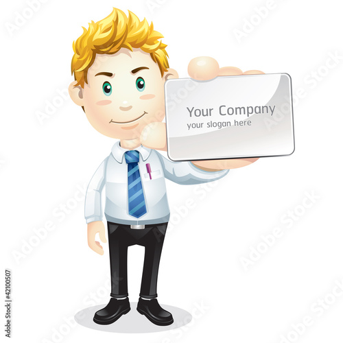 Vector: Business man handing a blank business card. Cartoon character. Business man handing a blank business card. Cartoon character.