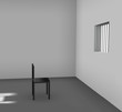 Ilustración de una silla frente a una ventana en un calabozo.