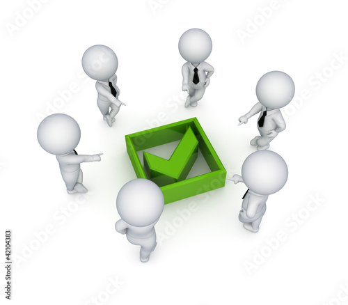 Illustration: 3d small people around green tick mark. 3d small people around green tick mark.