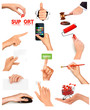 Vetor: Set of hands holding different business objects. Vector Set of hands holding different business objects. Vector