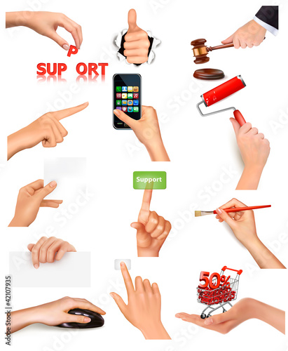 Vector: Set of hands holding different business objects. Vector Set of hands holding different business objects. Vector