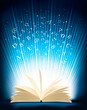 Opened magic book with magic light. Vector illustration.