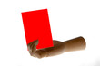 a wooden hand is holding a red card