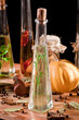Oil bottles & other ingredients on kitchen table top