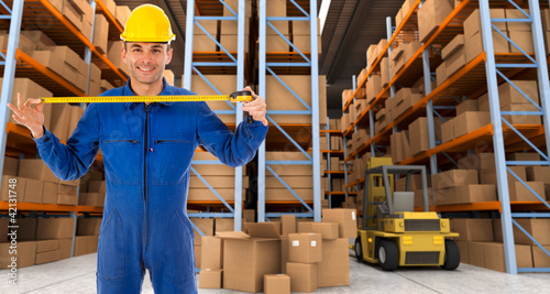 Illustration: Warehouse worker with tape measure b Warehouse worker with tape measure b