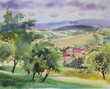 Austrian landscape painted by watercolor