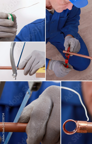 Photo: Montage of plumber cutting copper pipe Montage of plumber cutting copper pipe
