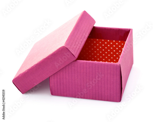 Photo: open pink cardboard box for gift packing isolated on white open pink cardboard box for gift packing isolated on white