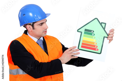 Photo: Foreman holding panel of energy consumption ranking Foreman holding panel of energy consumption ranking