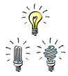 Hand drawn, cartoon of light bulbs Tungsten, energy saving bulb