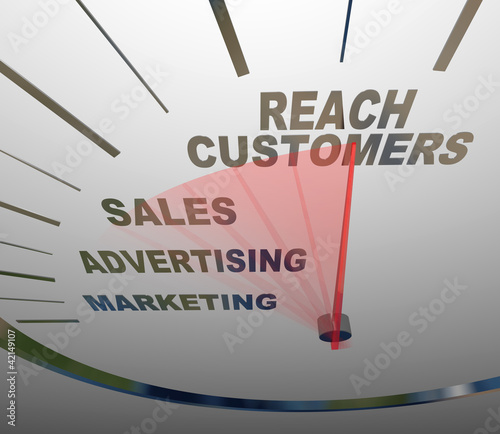 Illustration: Reach Customers Speedometer Marketing Advertising Sales Reach Customers Speedometer Marketing Advertising Sales
