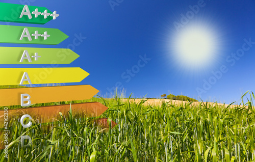 Illustration: Label of EU efficiency Class definition on a cornfield Label of EU efficiency Class definition on a cornfield