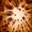 Flying coffee beans on grunge background, template for menu