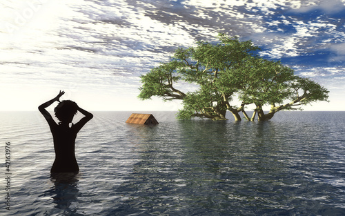 Illustration: Tsunami: Young woman escapes the flood Tsunami: Young woman escapes the flood