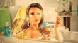 beautiful girl playing with bubbles while drinking white wine