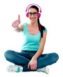 Thumbs-up woman enjoying music