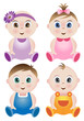A set of 4 cute babies in colorful outfits