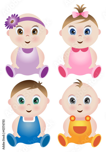 Vector: A set of 4 cute babies in colorful outfits A set of 4 cute babies in colorful outfits