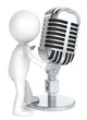 3D little human character with a Retro Microphone. Metal.