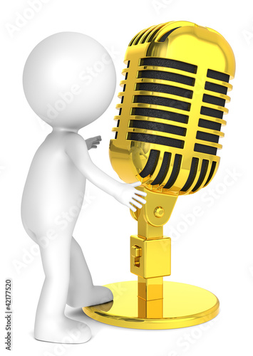 Illustration: 3D little human character with a gold Retro Microphone gold 3D little human character with a gold Retro Microphone gold