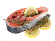 Red fish with lemon and thyme isolated on white.