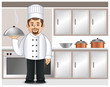 A chef with a steaming dish in a kitchen