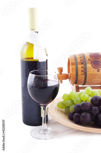 Photo: Red wine bottle, glass and cask Red wine bottle, glass and cask