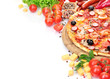 delicious pizza, vegetables and salami isolated on white.