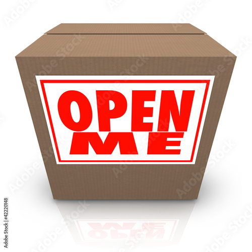 Illustration: Open Me Label on Cardboard Box Mystery Present Package Open Me Label on Cardboard Box Mystery Present Package