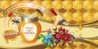 Closed honey jar, wooden dipper, bees and flowers