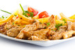 Grilled meat French fries and vegetables on white background