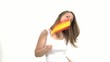 Female Fan dances with flag of Spain in her hand