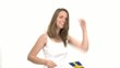 Female Fan dances with flag of Sweden in her hand