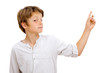 Boy with funny face expression pointing.