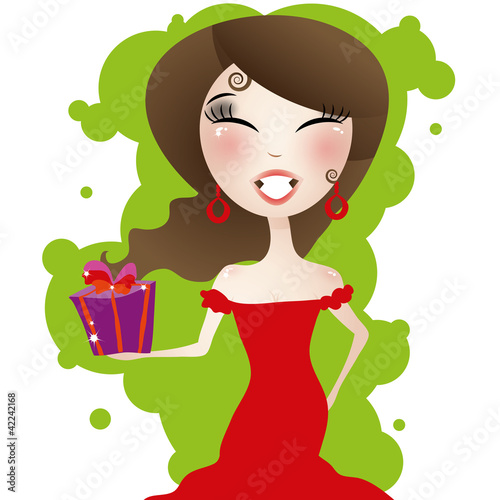 Vector: cute smiling woman with gift box cute smiling woman with gift box