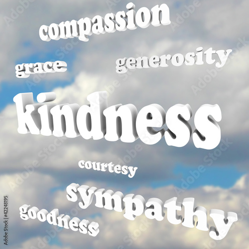 Illustration: Kindness Words in Sky Compassionate Generous Background Kindness Words in Sky Compassionate Generous Background