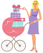 Illustration: Happy pregnant woman with pink stroller Happy pregnant woman with pink stroller