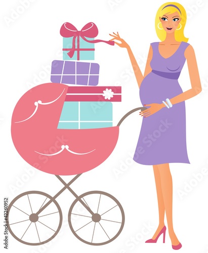 Illustration: Happy pregnant woman with pink stroller Happy pregnant woman with pink stroller