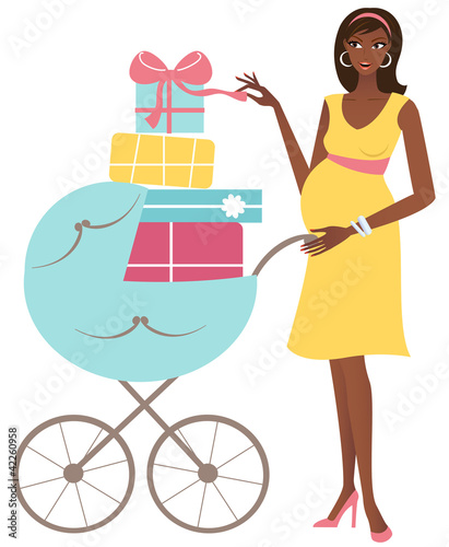 Illustration: Happy african american mother with baby carriage Happy african american mother with baby carriage