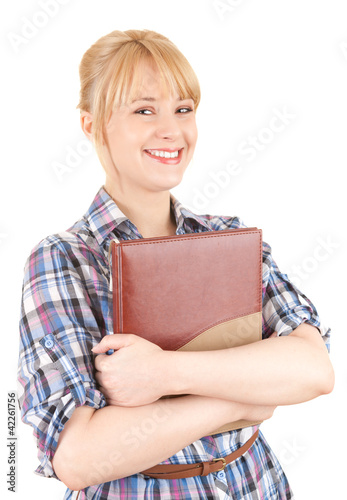Photo: smiling student woman keeping book, white background smiling student woman keeping book, white background
