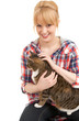 Photo: casual young woman with grey cat, white background casual young woman with grey cat, white background