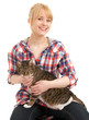 Photo: smiling young woman with grey cat, white background smiling young woman with grey cat, white background