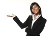 Business woman showing with hand on white space.