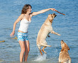 Girl playing with dogs