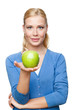 Foto: Smiling attractive woman offers a green apple, isolated Smiling attractive woman offers a green apple, isolated