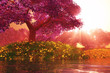 Illustration: Mysterious Cherry Blossom Trees Japanese Garden 3D render Mysterious Cherry Blossom Trees Japanese Garden 3D render