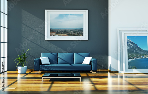 Ilustração: Wohndesign - blaues Sofa im Loft Wohndesign - blaues Sofa im Loft