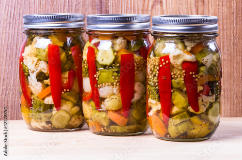 Photo: Three jars of preserved mixed vegetables Three jars of preserved mixed vegetables