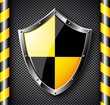Steel shield over black dotted background.