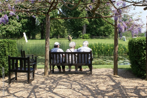 Photo: elderly sitting relaxing on a bench in front of water elderly sitting relaxing on a bench in front of water